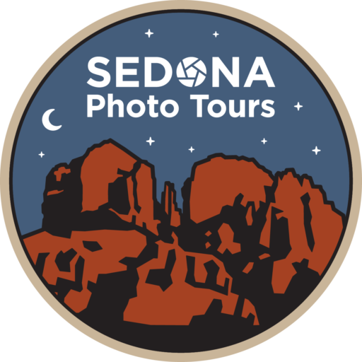 a round logo featuring the stars and moon over cathedral rock in sedona and the word sedona photo tours